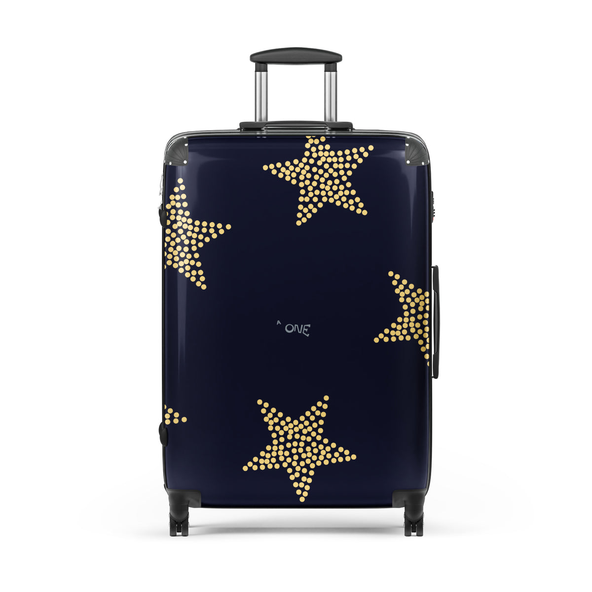 Hard-shell suitcase with 360° wheels featuring a navy blue design with gold stars and durable construction.
