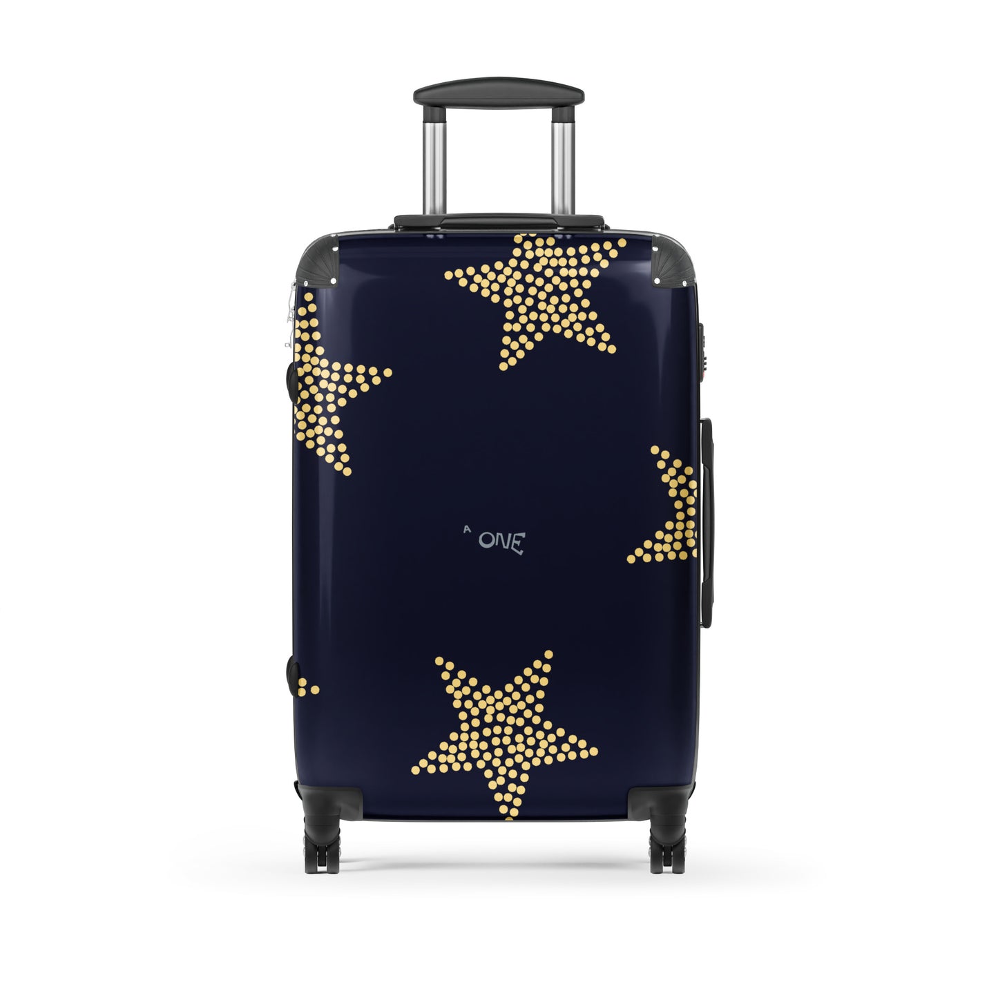 Hard-shell suitcase with 360° wheels featuring a star design and durable polycarbonate construction.