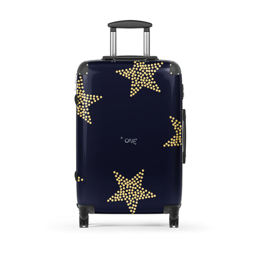 Hard-shell suitcase with 360° wheels featuring a star design and durable polycarbonate construction.